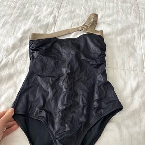 Chic Black and Tan One-Shoulder Swimsuit